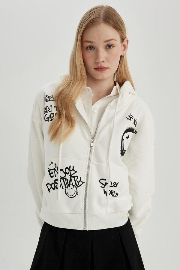 DEFACTO DEFACTO Coool Smileyworld Oversize Wide Pattern Hooded Zippered Sweatshirt
