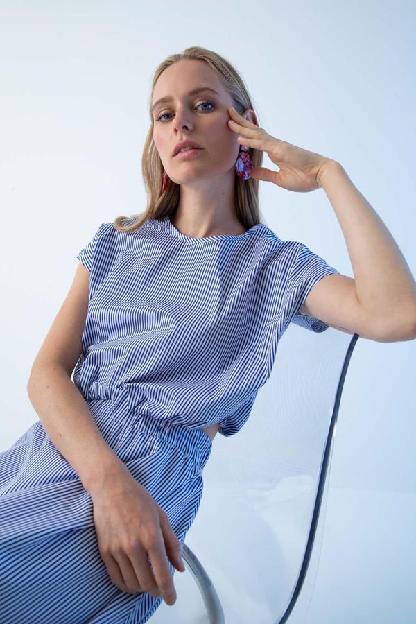 DEFACTO DEFACTO Crop Bicycle Collar Striped Poplin Sleeveless 100% Cotton Blouse