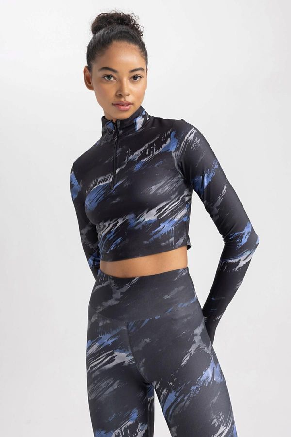 DEFACTO DEFACTO Fit Crop Sheer Digital Printed Patterned Long Sleeve T-Shirt