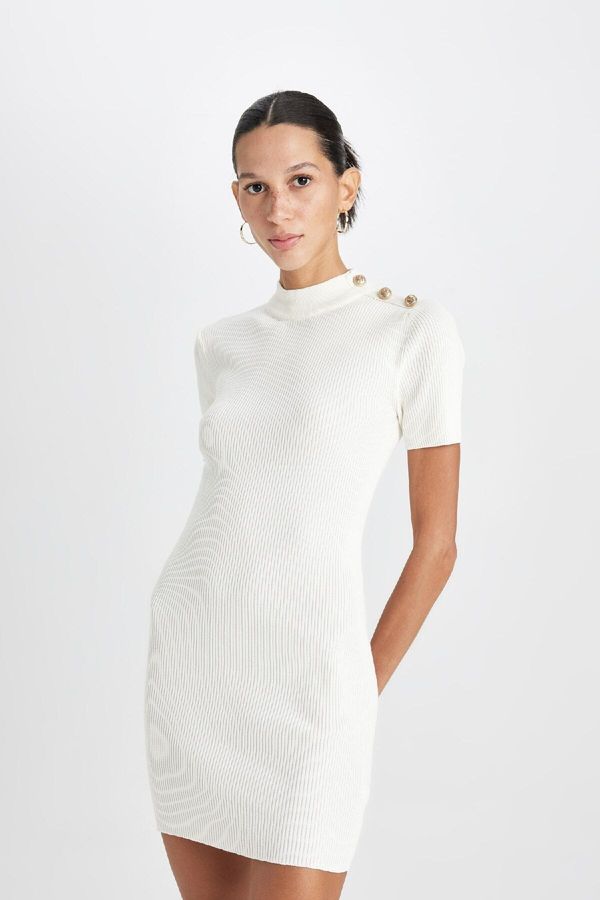 DEFACTO DEFACTO Fitted Half Turtleneck Basic Plain Button Ribbed White Mini Dress