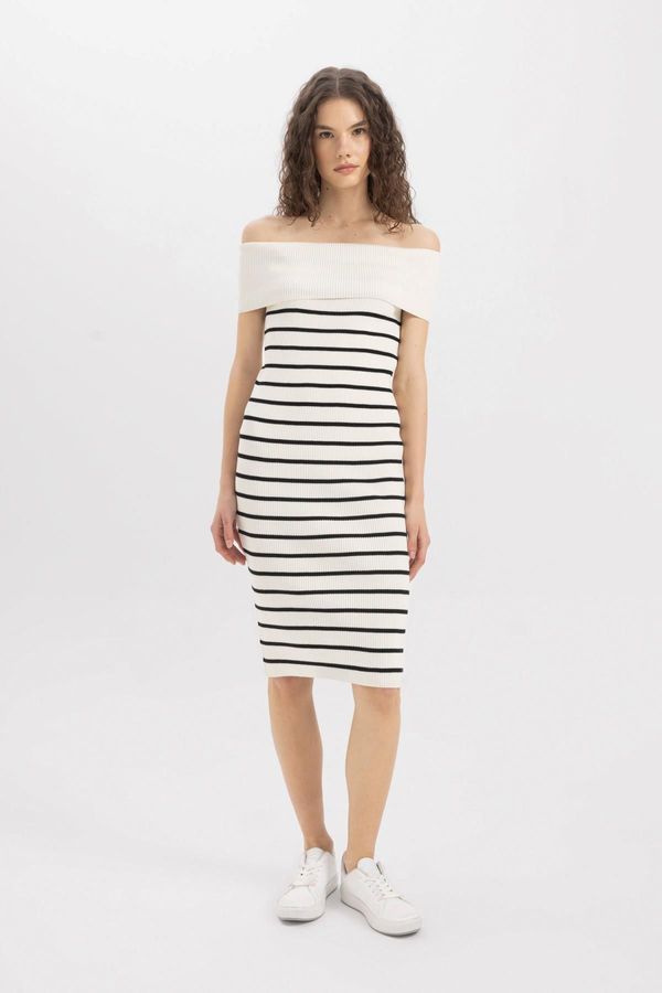 DEFACTO DEFACTO Fitted Striped Open Shoulder Ribbed Midi Dress