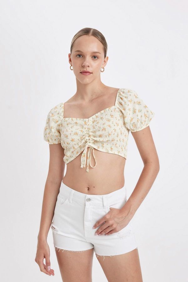 DEFACTO DEFACTO Fitted V-Neck Printed Moroccan Short Sleeve Blouse