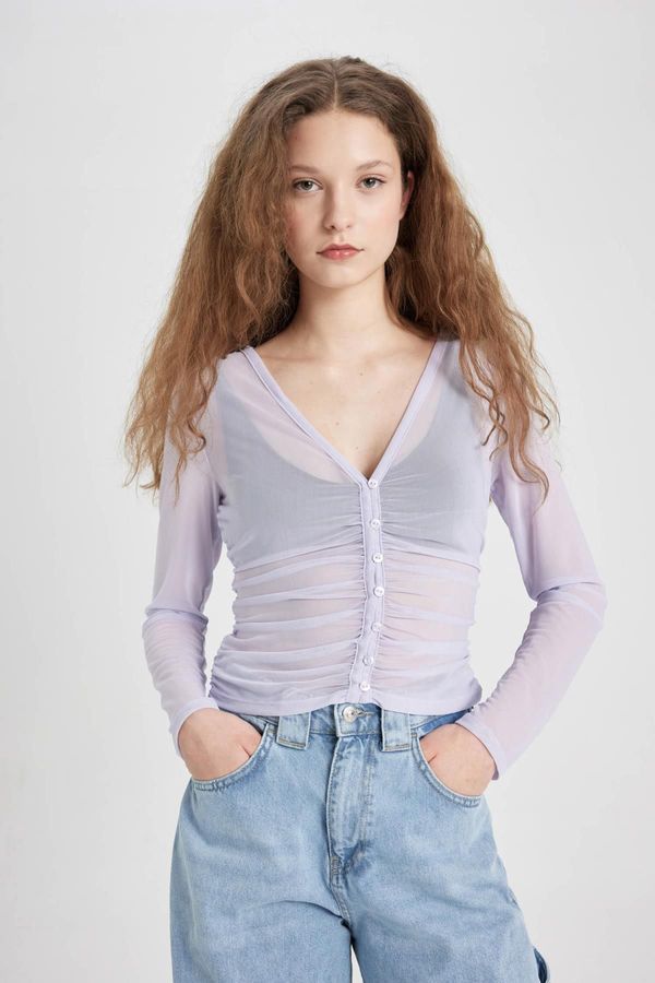 DEFACTO DEFACTO Fitted V-Neck Tulle Long Sleeve Blouse