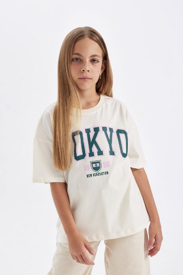 DEFACTO DEFACTO Girls Oversize Fit Crew Neck Printed Short Sleeve School T-Shirt