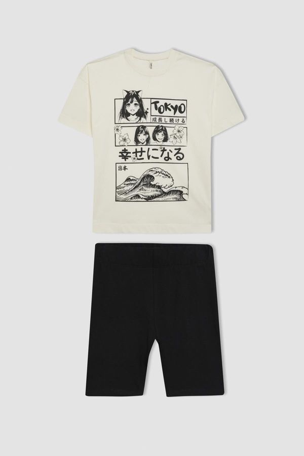 DEFACTO DEFACTO Girl's Printed Short Sleeve T-Shirt and Tights 2-Piece Set