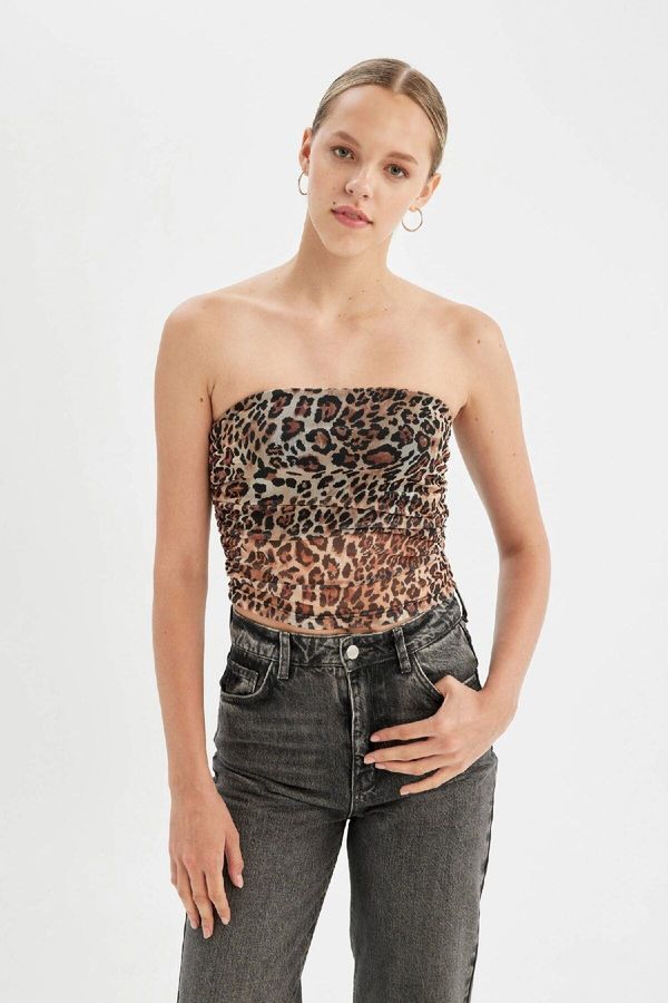 DEFACTO DEFACTO Leopard Patterned Strapless Tulle Blouse