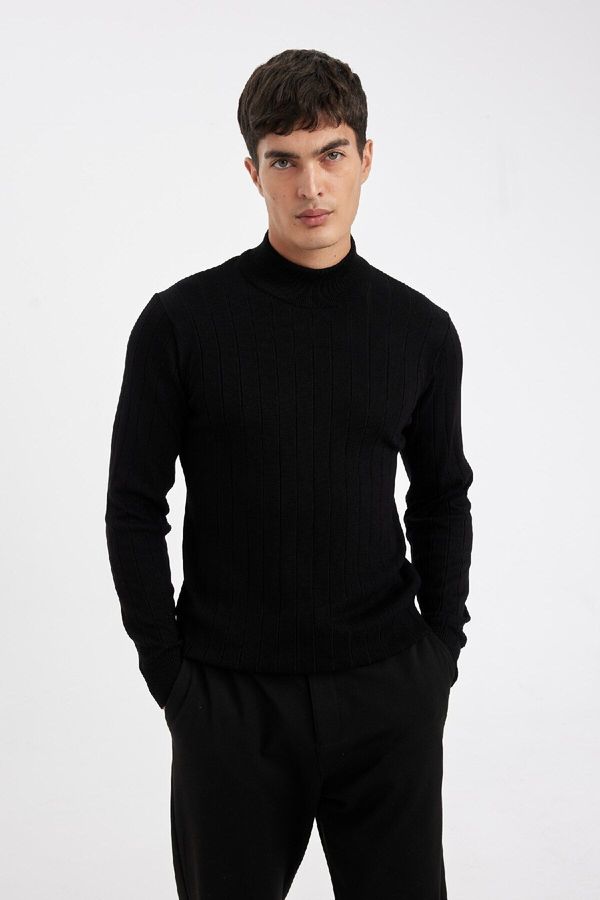 DEFACTO DEFACTO Men's Black Standard Fit Regular Cut Half Turtleneck Jacquard Knitwear Sweater