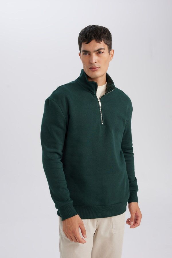 DEFACTO DEFACTO Men's Dark Green Comfort Fit Stand Collar Zippered Thick Basic Plain Sweatshirt