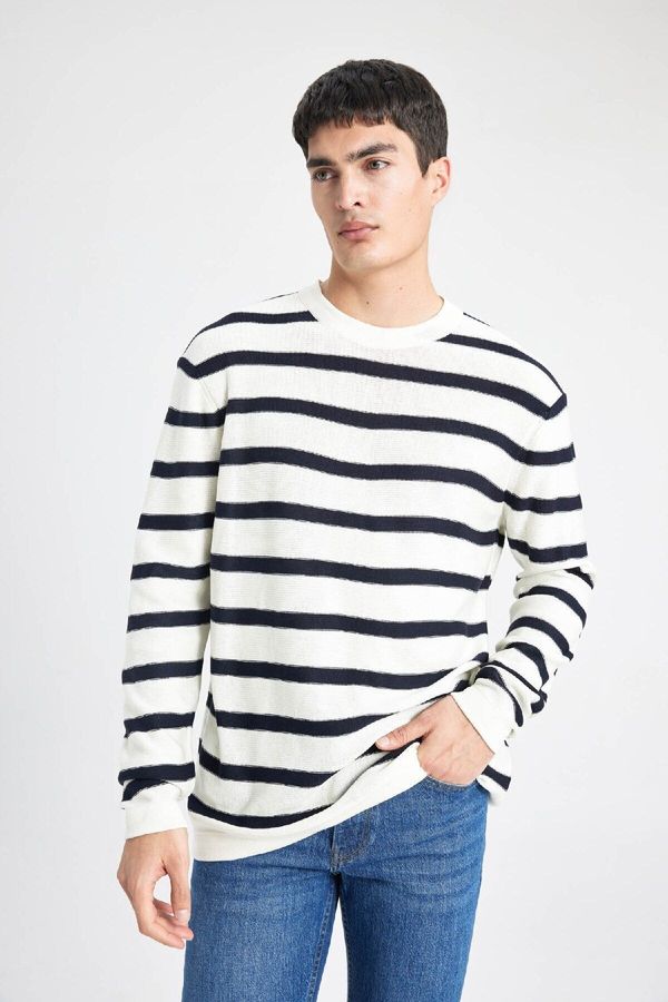 DEFACTO DEFACTO Men's Standard Fit Regular Cut Crew Neck Knitwear Striped Sweater