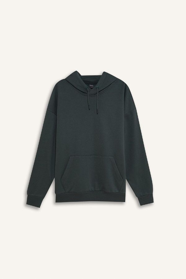 DEFACTO DEFACTO Oversize Wide Pattern Hooded Kangaroo Pocket Basic Plain Sweatshirt