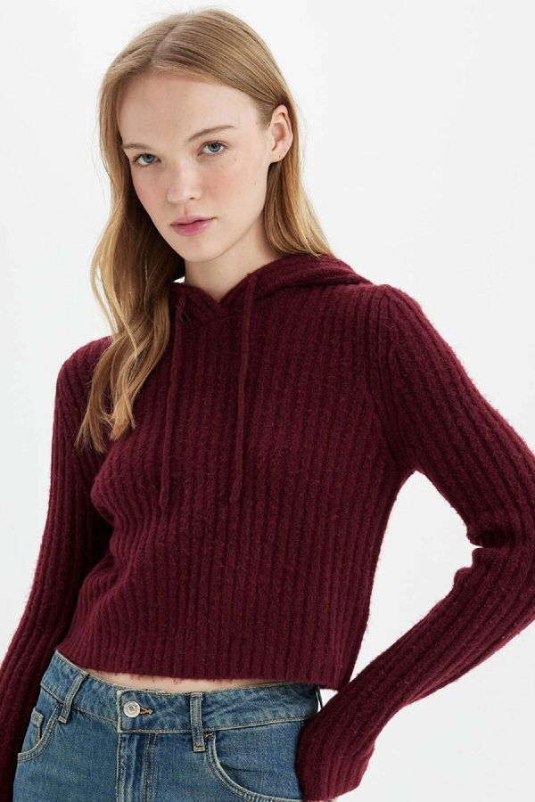 DEFACTO DEFACTO Regular Fit Basic Plain Hooded Crop Knitwear Sweater