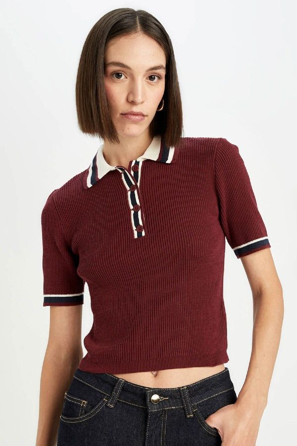 DEFACTO DEFACTO Regular Fit Buttoned Polo Neck Short Sleeve Burgundy Knitted Sweater