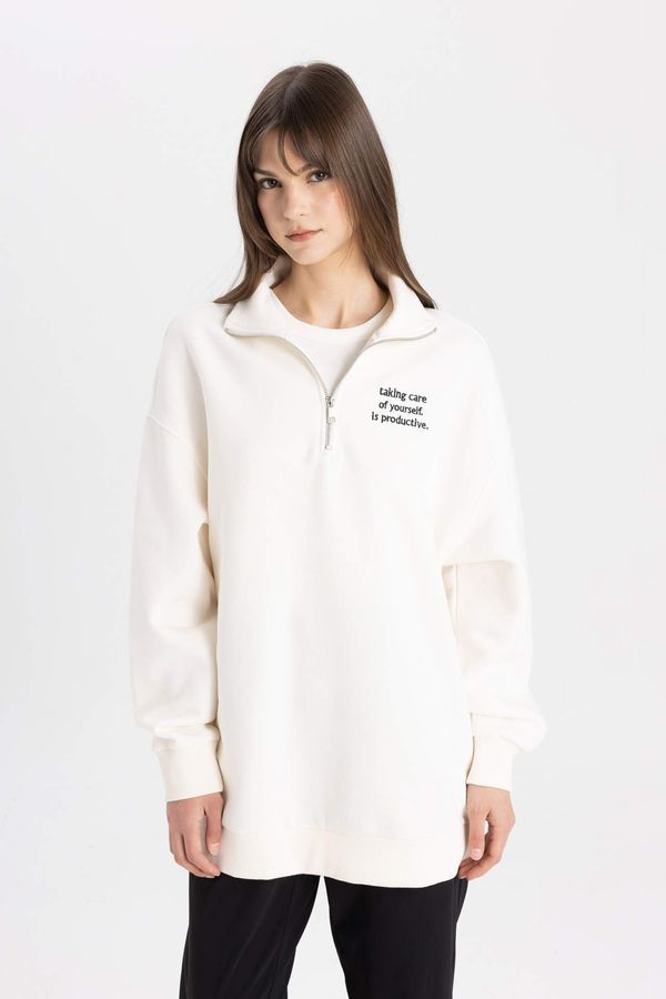 DEFACTO DEFACTO Regular Fit Thick Sweatshirt Fabric Polo Collar Slogan Pattern Sweat Tunic