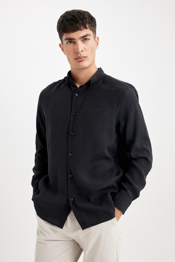 DEFACTO DEFACTO Relax Fit Polo Collar Poplin Basic Plain Long Sleeve Shirt