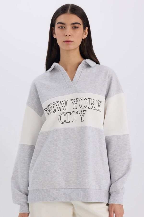 DEFACTO DEFACTO Relax Fit Polo Neck Printed Thick Sweatshirt