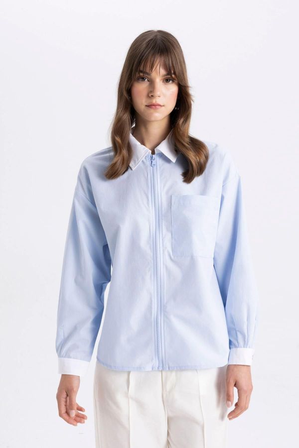 DEFACTO DEFACTO Relax Fit Shirt Collar Zippered Poplin Long Sleeve Tunic