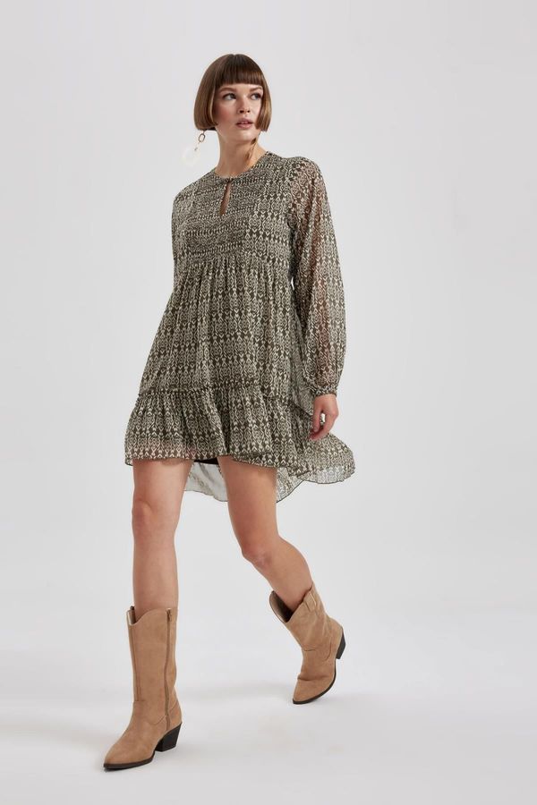 DEFACTO DEFACTO Round Neck Patterned Chiffon Long Sleeve Mini Dress
