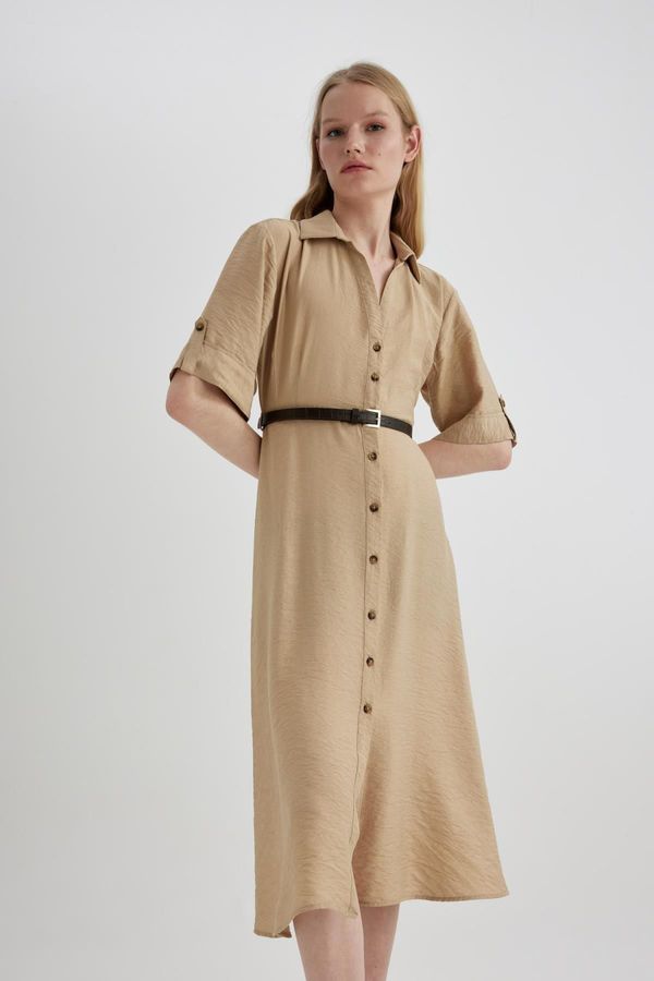 DEFACTO DEFACTO Shirt Collar Half Sleeve Belted Midi Dress