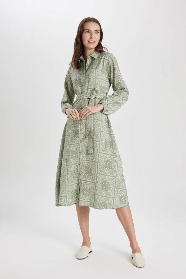 DEFACTO DEFACTO Shirt Collar Patterned Aerobin Long Sleeve Belted Midi Dress
