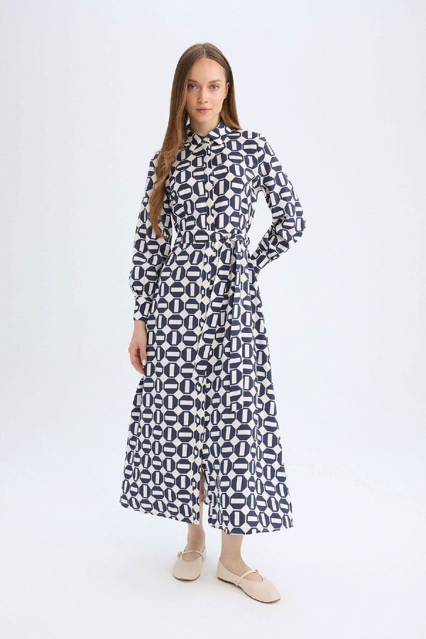 DEFACTO DEFACTO Shirt Collar Printed Long Sleeve Maxi Dress