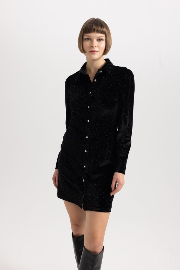 DEFACTO DEFACTO Shirt Collar Velor Long Sleeve Mini Dress