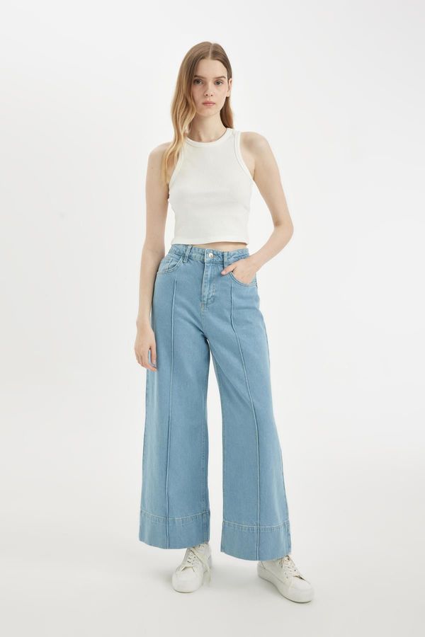 DEFACTO DEFACTO Short Wide Leg High Waist Ankle Length Jean Washed Trousers