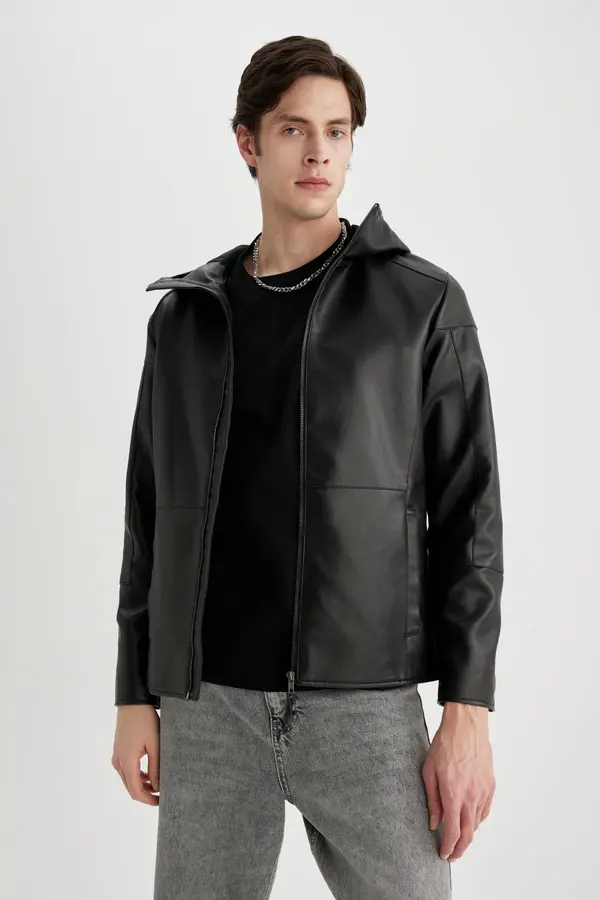 DEFACTO DEFACTO Slim Fit Faux Leather Jacket Coat Slim Cut Hooded Zippered Pocket Seasonal