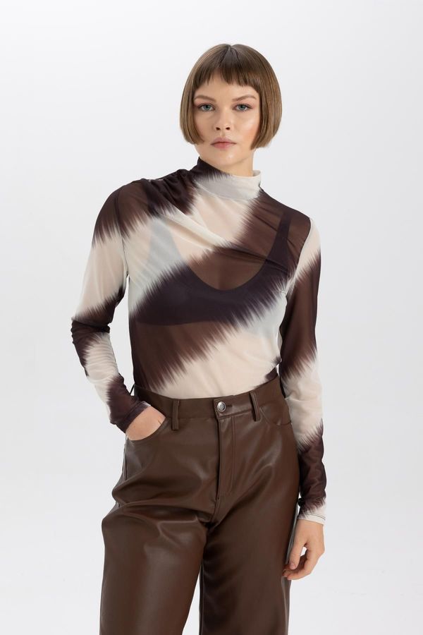 DEFACTO DEFACTO Slim Fit Turtleneck Tie-Dye Long Sleeve Tulle T-Shirt