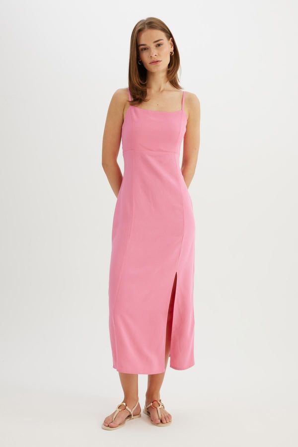 DEFACTO DEFACTO Square Neck Linen Blend Strap Midi Dress