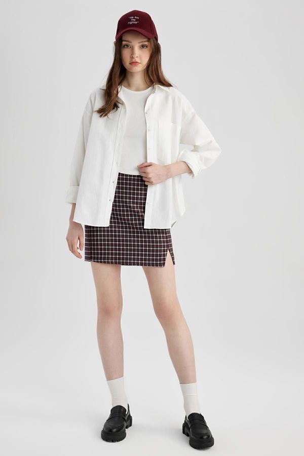 DEFACTO DEFACTO Square Patterned Slit Woven Mini Skirt