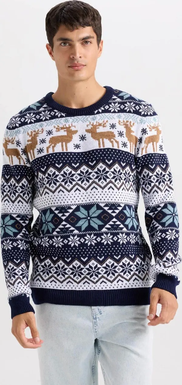 DEFACTO DEFACTO Standard Fit Christmas Themed Crew Neck Knitted Sweater