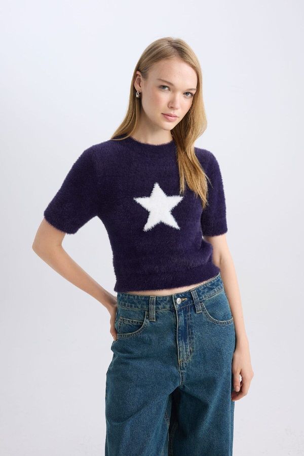 DEFACTO DEFACTO Women's Navy Blue Coool Fitted Crew Neck Star Printed Short Sleeve Plush Sweater