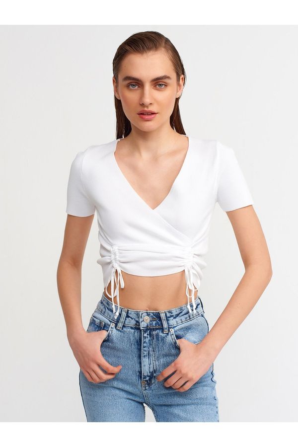 Dilvin Dilvin 10194 Double-breasted Collar Pleated Front Tricot Crop-ecru.