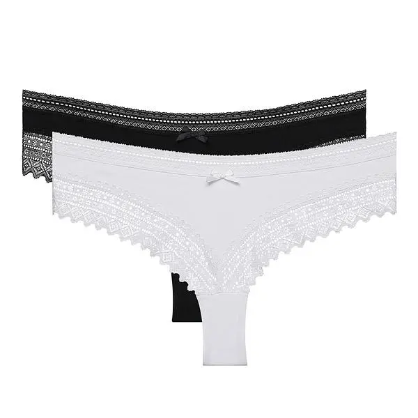 DIM DIM SEXY FASHION BRAZILIAN 2x - Women's cotton brazilians with lace 2 pcs - black - white