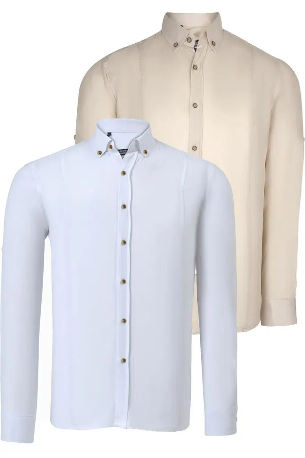 dewberry DOUBLE SET G721 DEWBERRY MEN'S SHIRT-WHITE-BEIGE