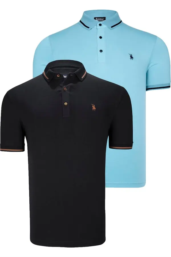 dewberry DOUBLE SET T8586 DEWBERRY MEN'S T-SHIRT-BLACK-CYAN