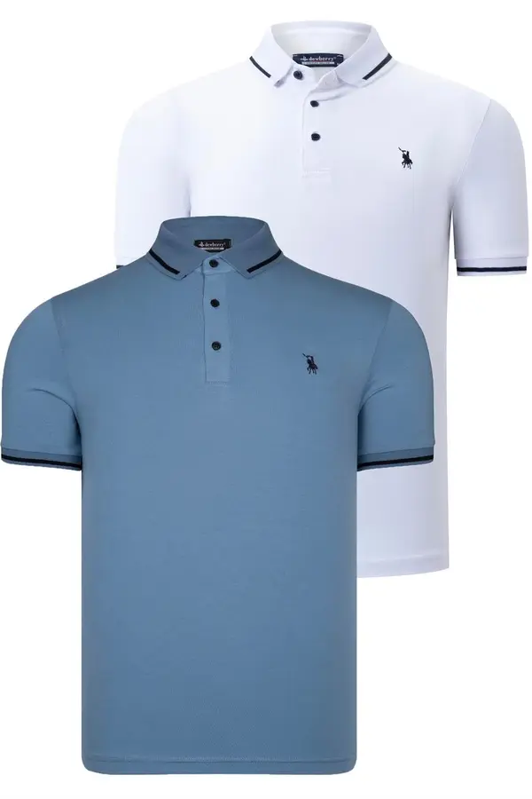dewberry DOUBLE SET T8586 DEWBERRY MEN'S T-SHIRT-WHITE-INDIGO