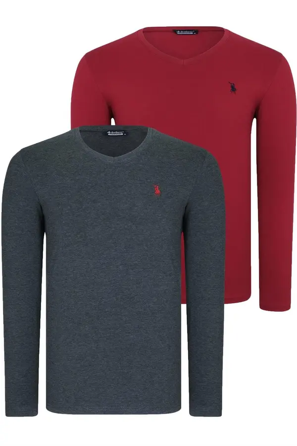 dewberry DOUBLE SET T8587 DEWBERRY V-NECK MEN'S SWEATSHIRT-BURGUNDY-ANTHRACITE