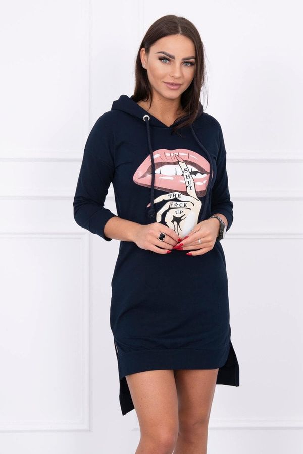 marka niezdefiniowana Dress with a longer back and a colorful print navy blue