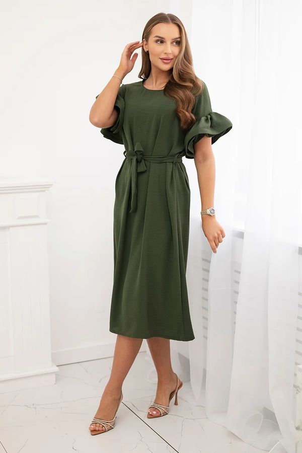 Kesi Dress with a tie at the waist with decorative sleeves in khaki color