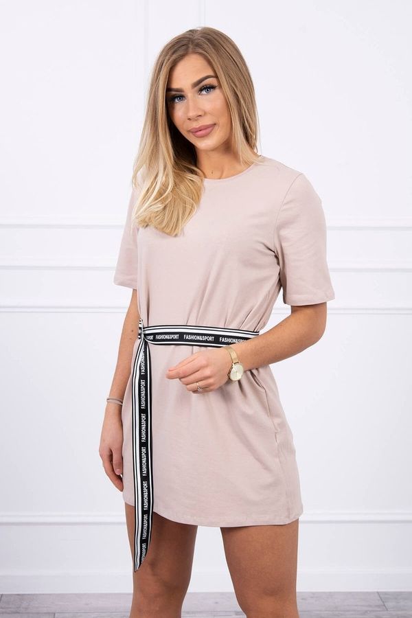 marka niezdefiniowana Dress with decorative belt in beige color