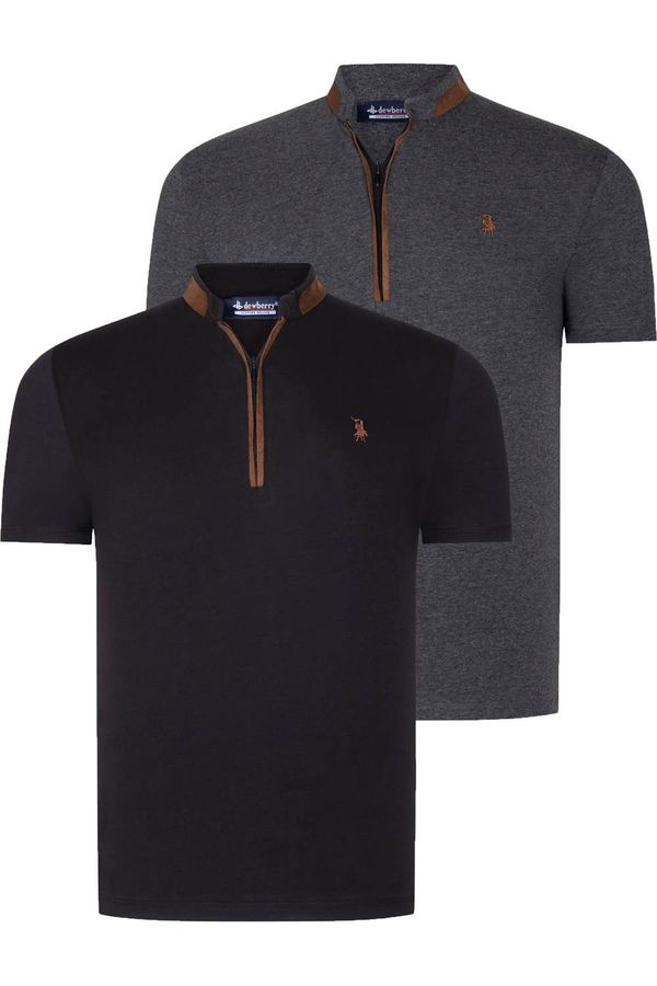 dewberry DUAL SET T8571 DEWBERRY ZIPPER MENS T-SHIRT-ANTHRACITE-BLACK