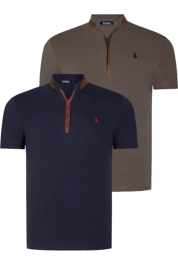 dewberry DUAL SET T8571 DEWBERRY ZIPPER MEN'S T-SHIRT-NAVY BLUE-KHAKI