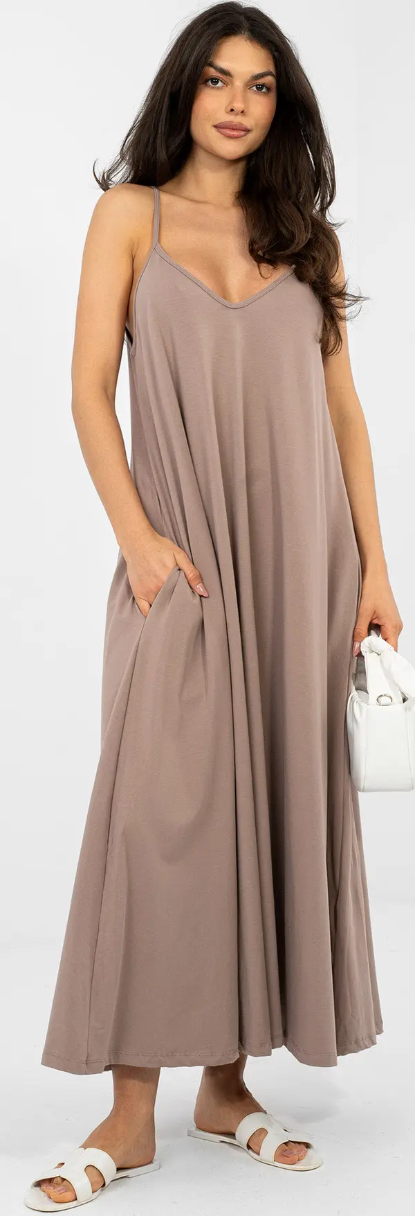RUE PARIS Дълга бежова макси рокля с презрамки