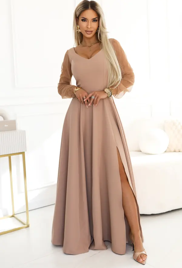 NUMOCO Дълга бежова рокля с ръкави от тюл