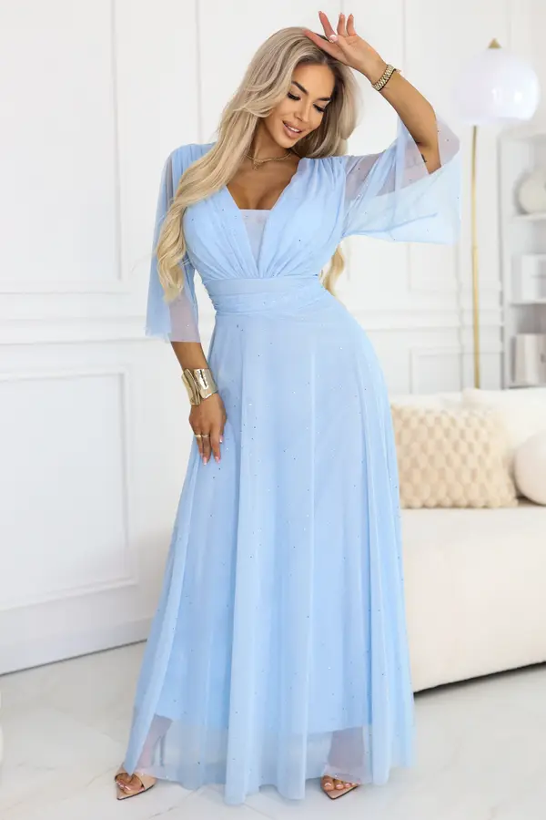 numoco basic Дълга блестяща рокля с големи размери, деколте и прозрачни ръкави