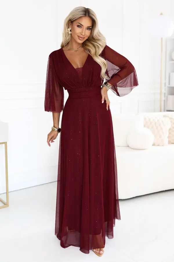 numoco basic Дълга рокля plus size с деколте и прозрачни ръкави