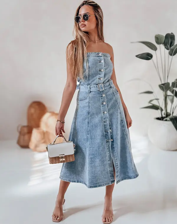 DStreet Дънкова миди рокля с колан SUMMER SKY