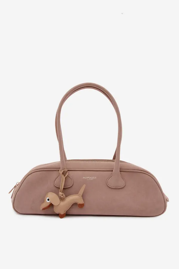FLORA & CO Еко велурена чанта Flora&amp;Co Baguette с висулка с дакел
