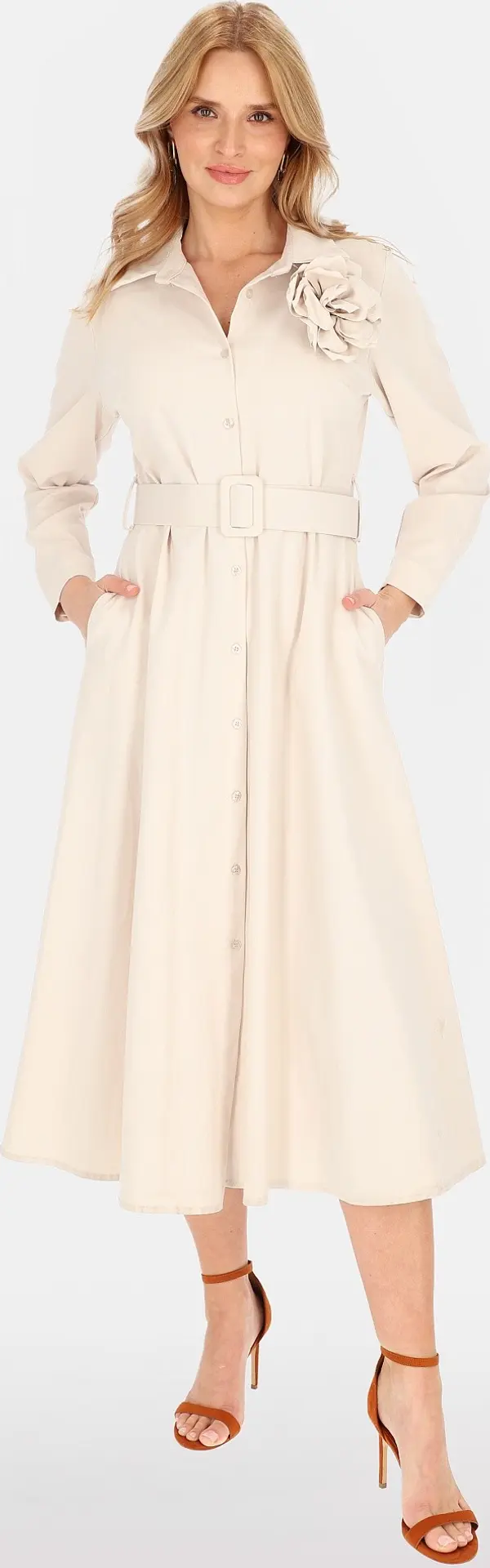 PERSO Елегантна бежова миди рокля с брошка